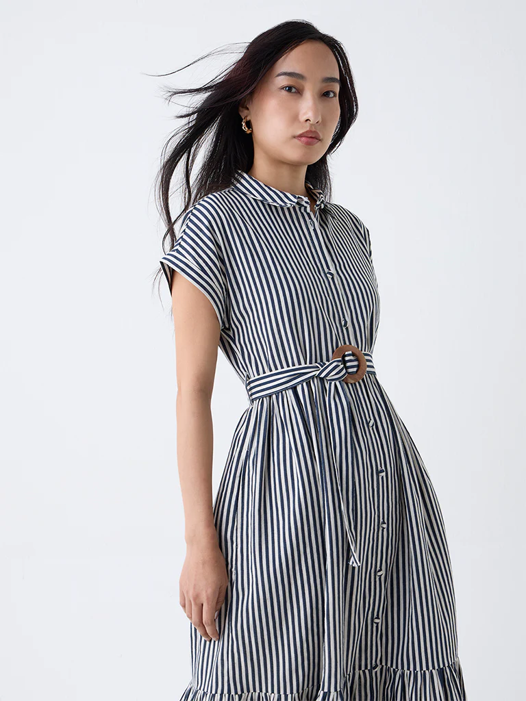 LOV Navy Striped Shirt Dress with Belt - Image 3