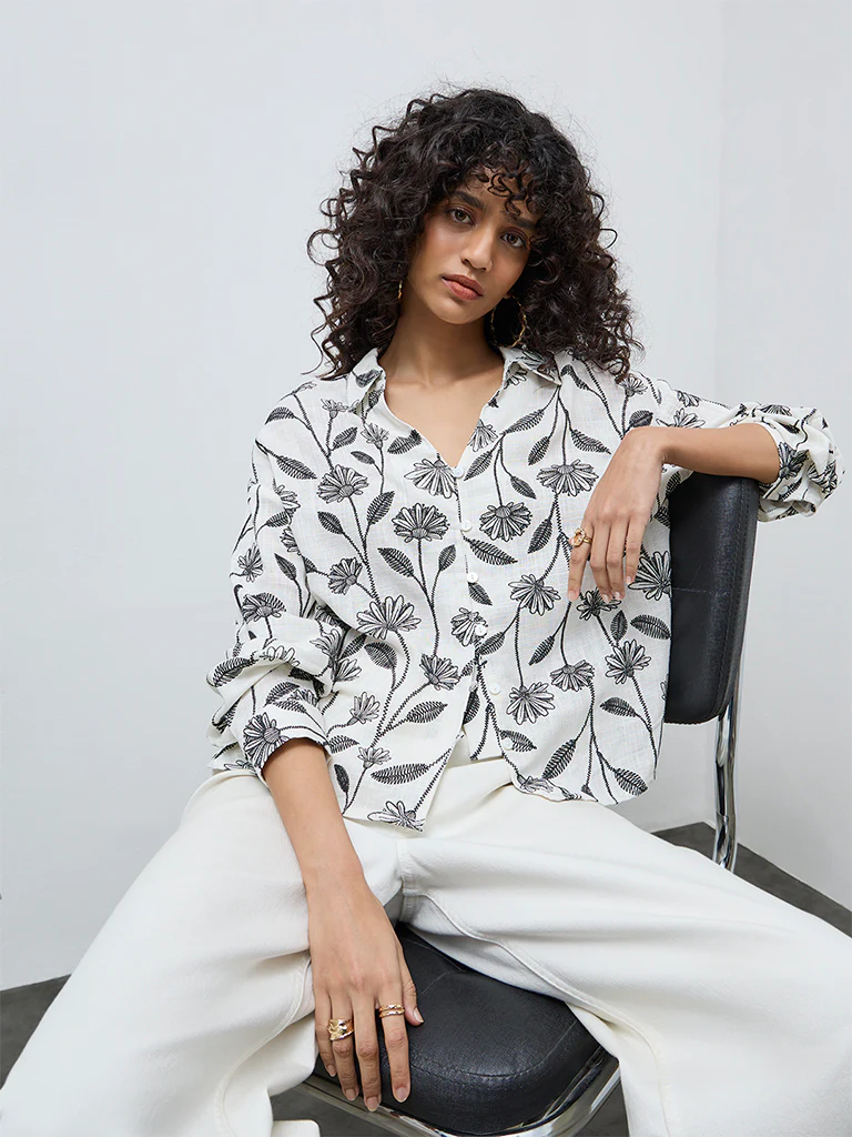 LOV Off-White Botanical Design Blouse