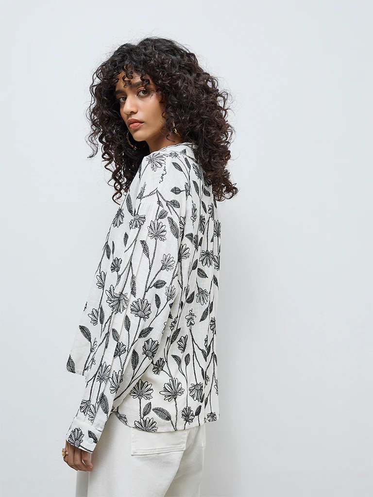 LOV Off-White Botanical Design Blouse - Image 4