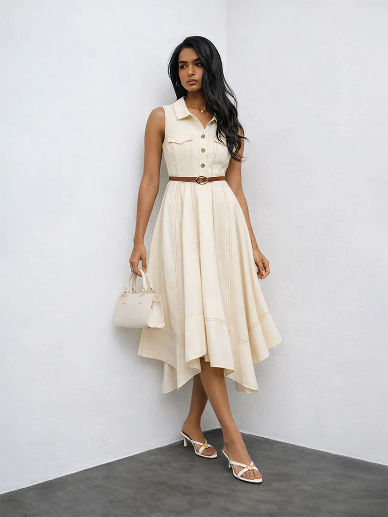 LOV Off-White Cotton-Blend A-Line Dress with Belt