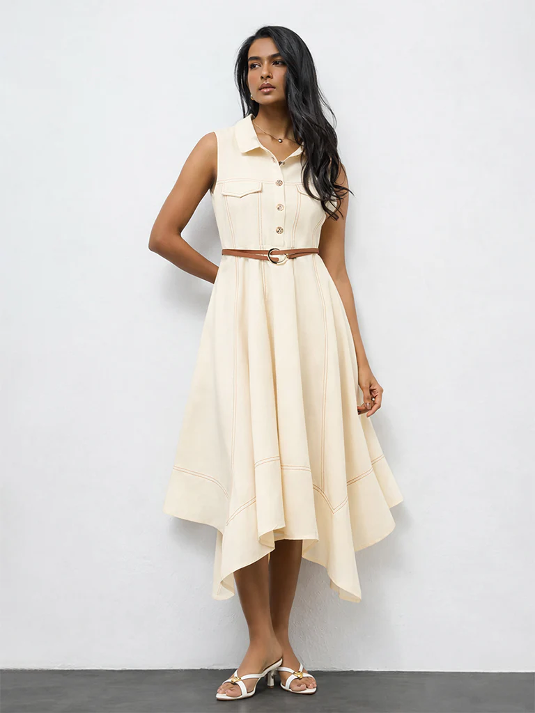 LOV Off-White Cotton-Blend A-Line Dress with Belt - Image 2