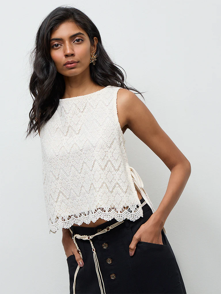 LOV Off-White Crochet-Detailed Top