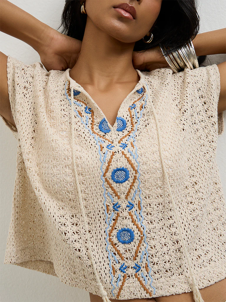 LOV Off-White Crochet-Knit Cotton-Blend Top - Image 3