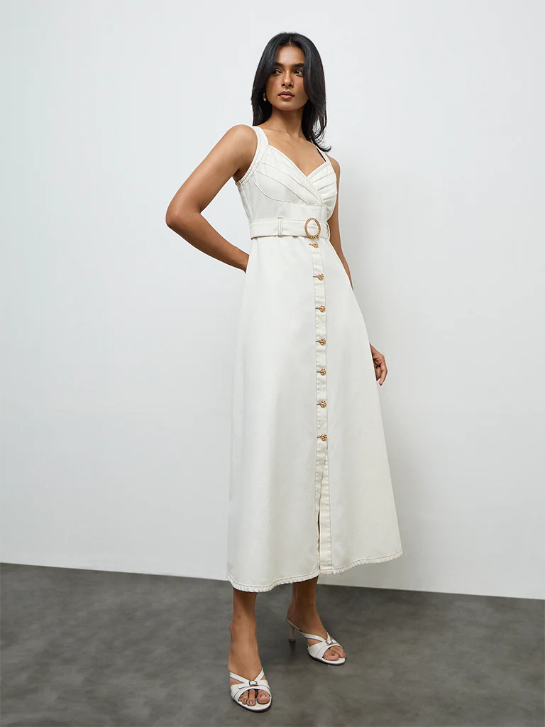 LOV Off-White Denim A-Line Dress with Belt