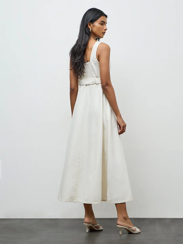 LOV Off-White Denim A-Line Dress with Belt - Image 4
