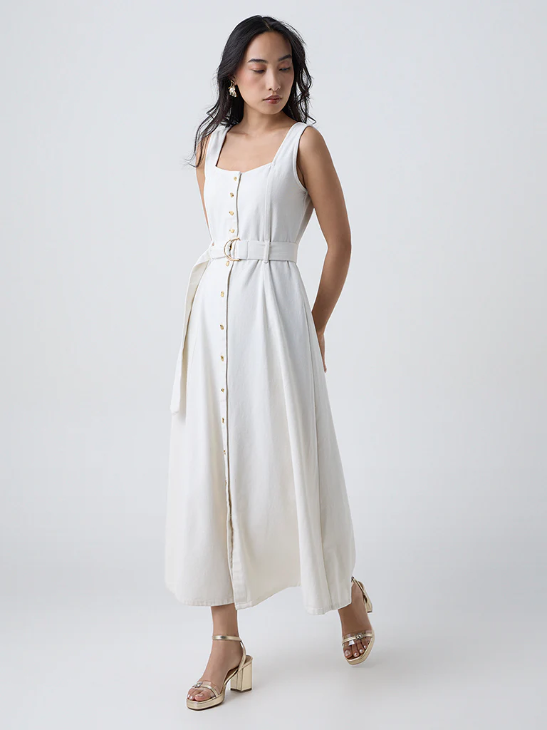 LOV Off-White Denim Shirt Dress with Belt - Image 2