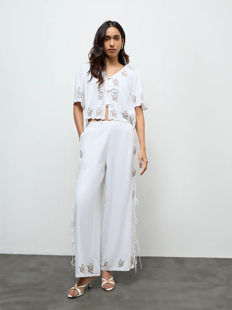LOV Off-White Embroidered High-Rise Pants