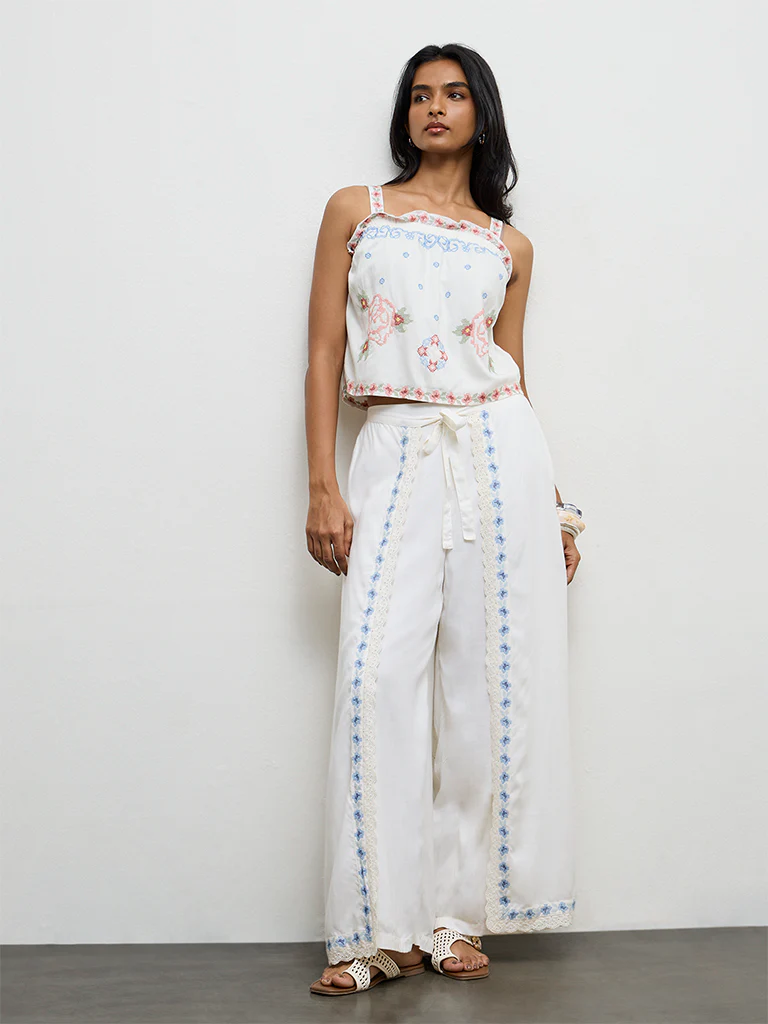 LOV Off-White Embroidered High-Rise Trousers