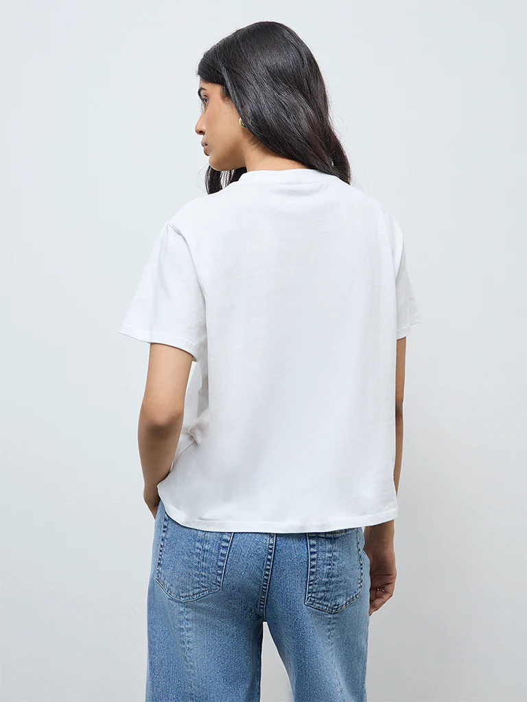 LOV Off-White Floral-Detailed Cotton T-Shirt - Image 4