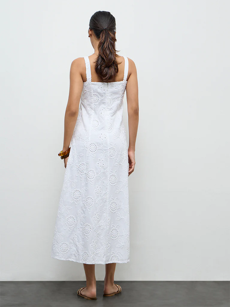 LOV Off-White Floral Embroidered A-Line Cotton Dress - Image 4
