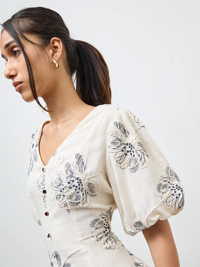 LOV Off-White Floral Embroidered A-Line Dress - Image 3