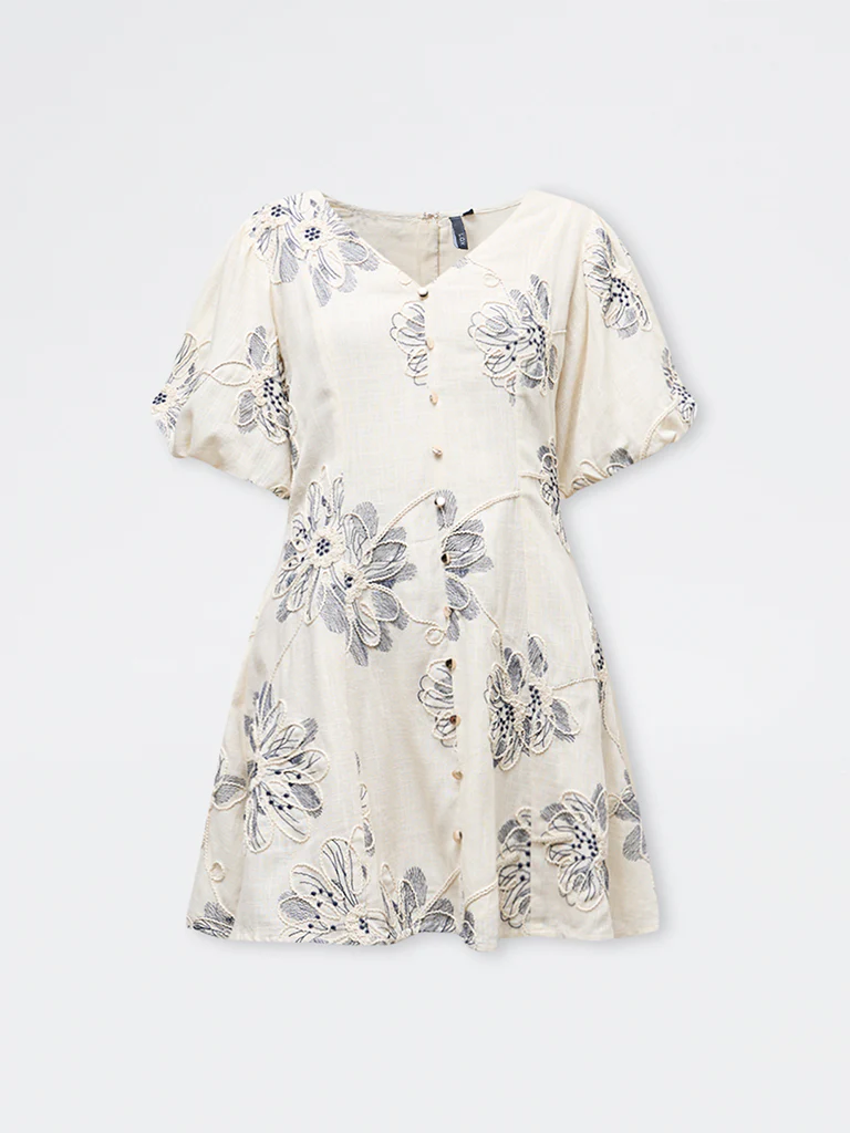 LOV Off-White Floral Embroidered A-Line Dress - Image 5