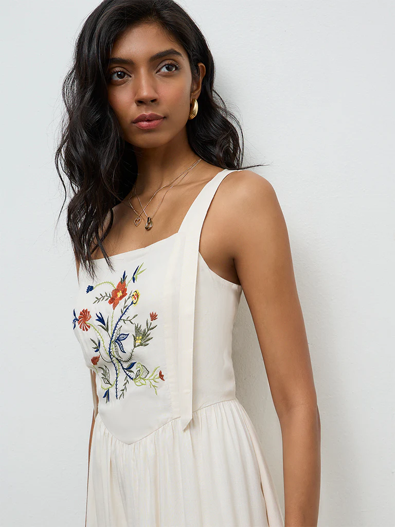LOV Off-White Floral Embroidered A-Line Dress - Image 3