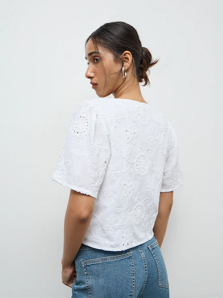 LOV Off-White Floral Embroidered Cotton Blouse - Image 4
