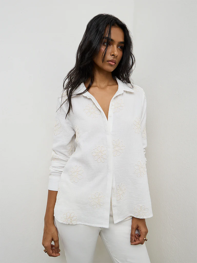 LOV Off-White Floral Embroidered Cotton Shirt