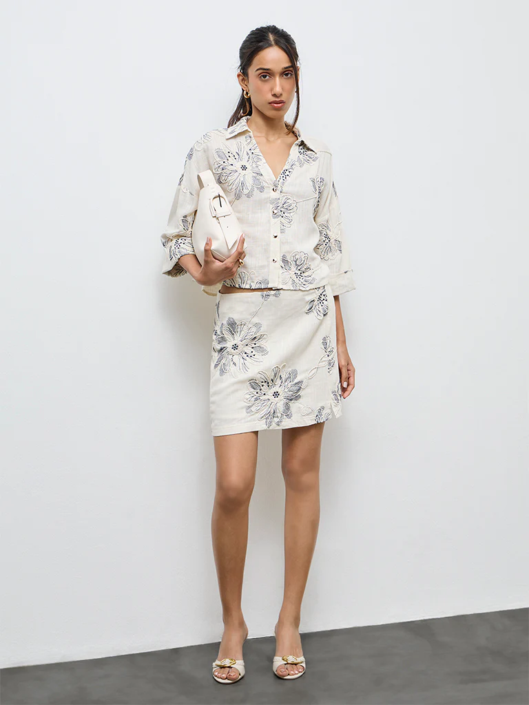 LOV Off-White Floral Embroidered High-Rise Skirt