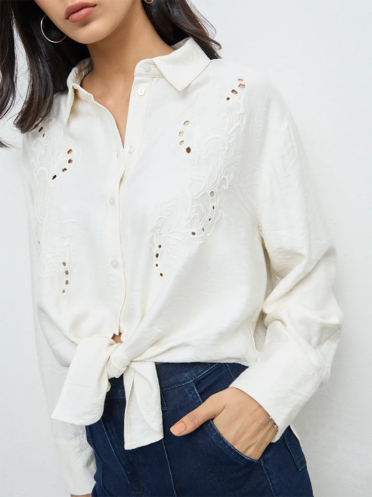 LOV Off-White Floral Embroidered Shirt - Image 3