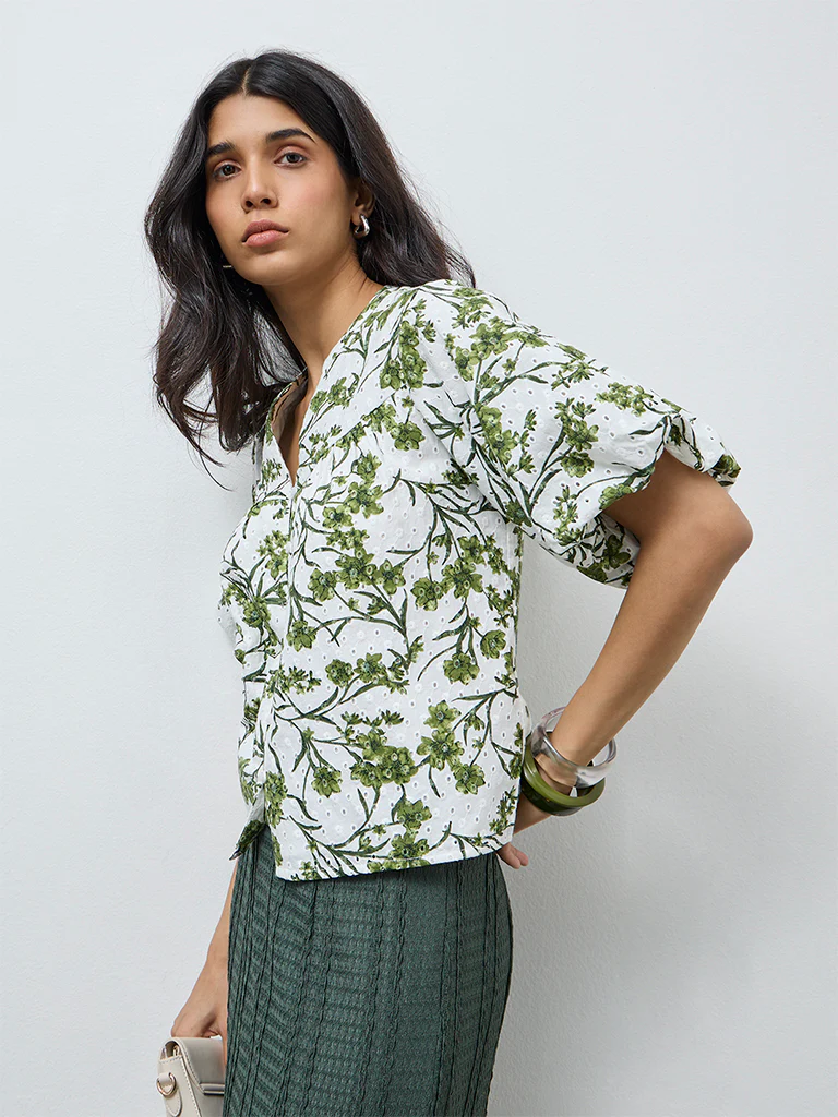 LOV Off-White Foliage Printed Cotton Blouse