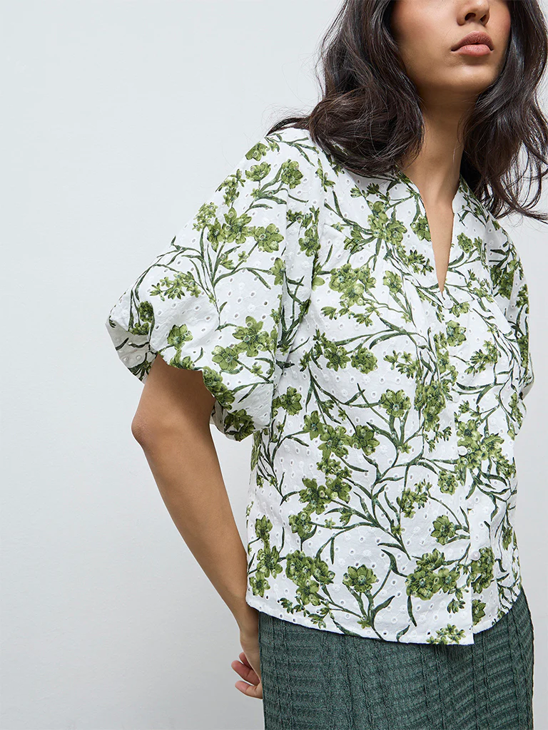 LOV Off-White Foliage Printed Cotton Blouse - Image 3