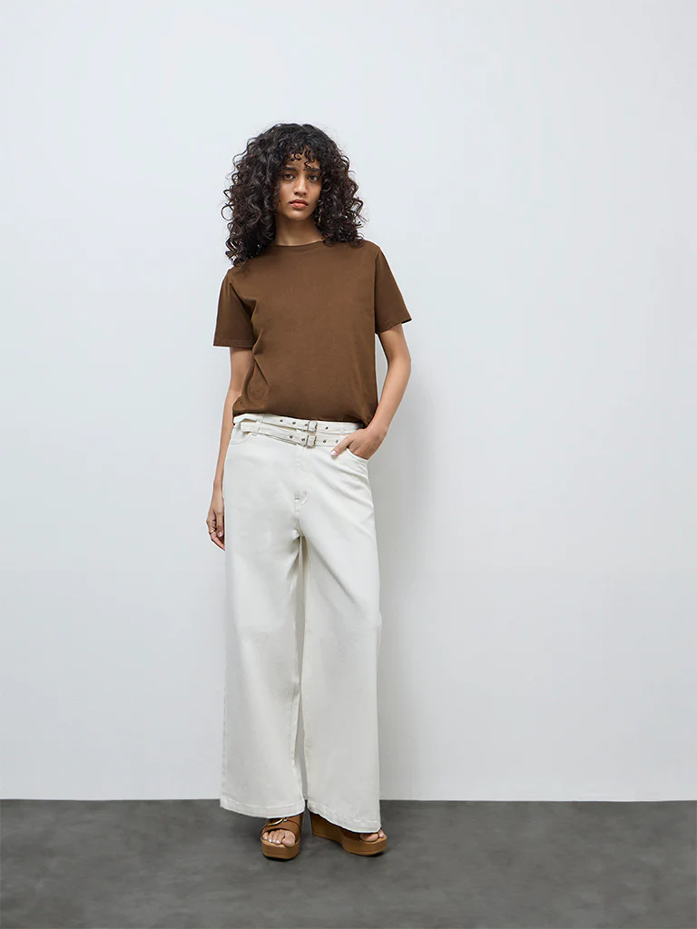 LOV Off-White High-Rise Flared Jeans with Belt