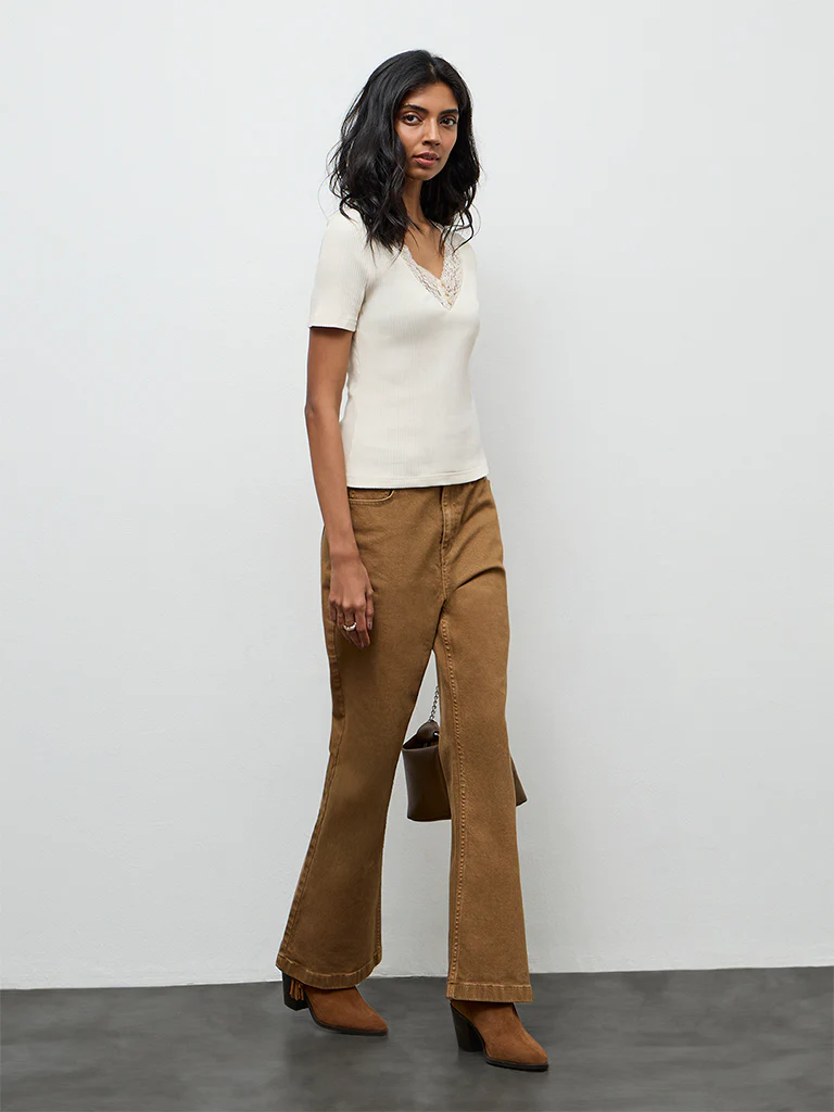 LOV Off-White Lace-Detailed Cotton-Blend Top - Image 2