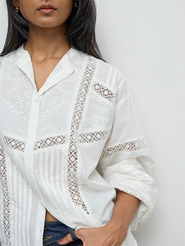 LOV Off-White Lace-Embroidered Cotton Blouse - Image 3