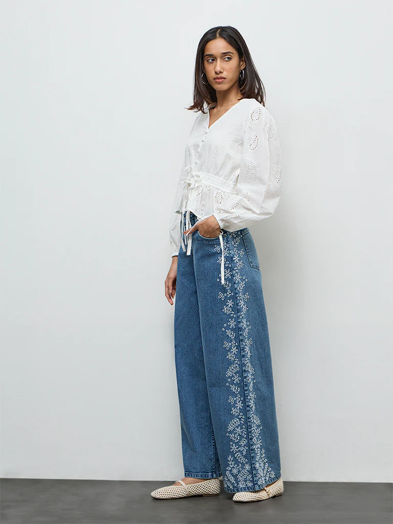 LOV Off-White Paisley Embroidered Cotton Blouse - Image 2