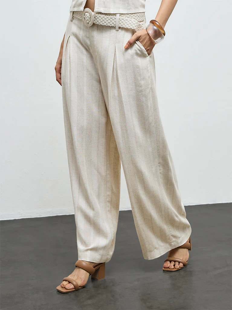 LOV Off-White Self-Striped High-Rise Trousers with Belt - Image 2