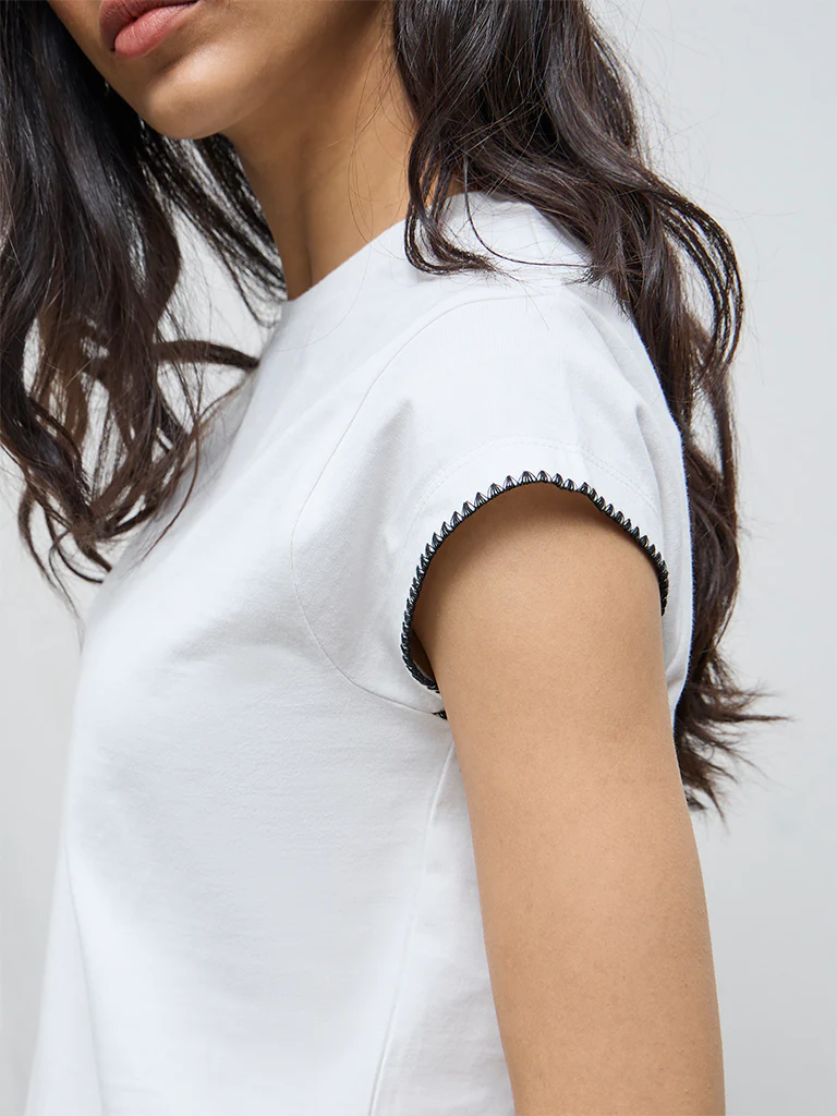 LOV Off-White Solid Cotton T-Shirt - Image 3