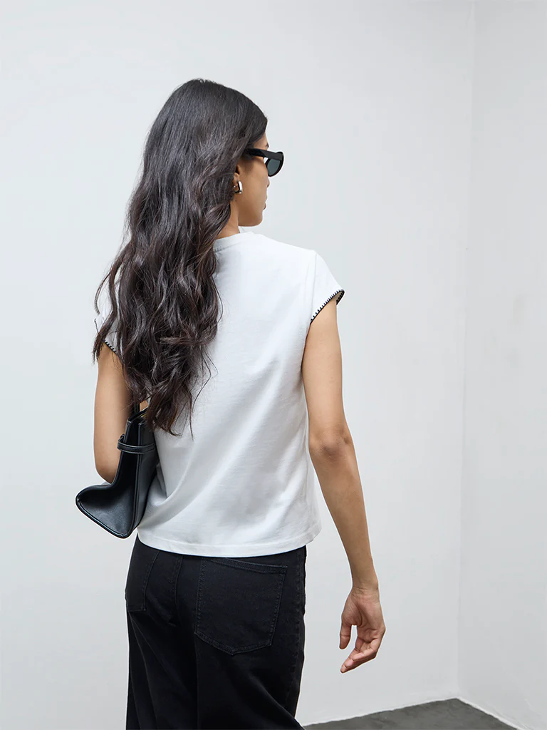 LOV Off-White Solid Cotton T-Shirt - Image 4
