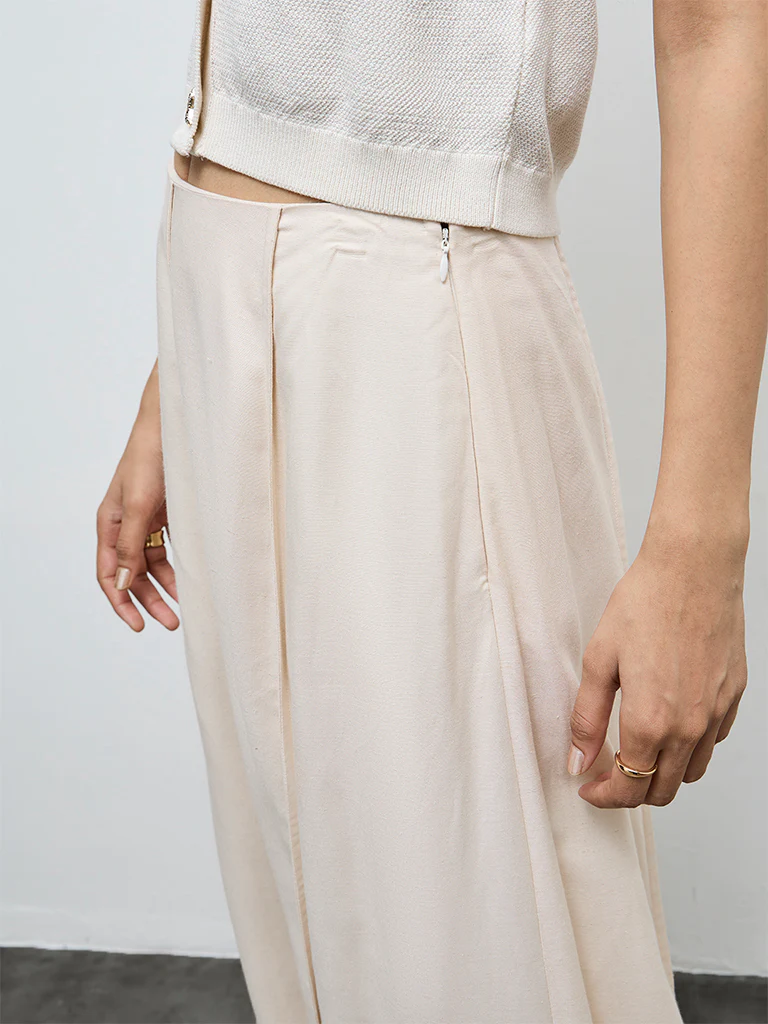 LOV Off-White Solid Linen-Blend Fit-and-Flare Skirt - Image 3