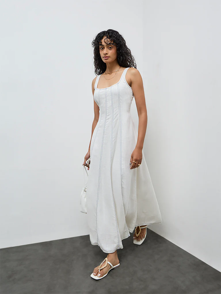 LOV Off-White Striped Linen-Blend A-Line Dress - Image 2
