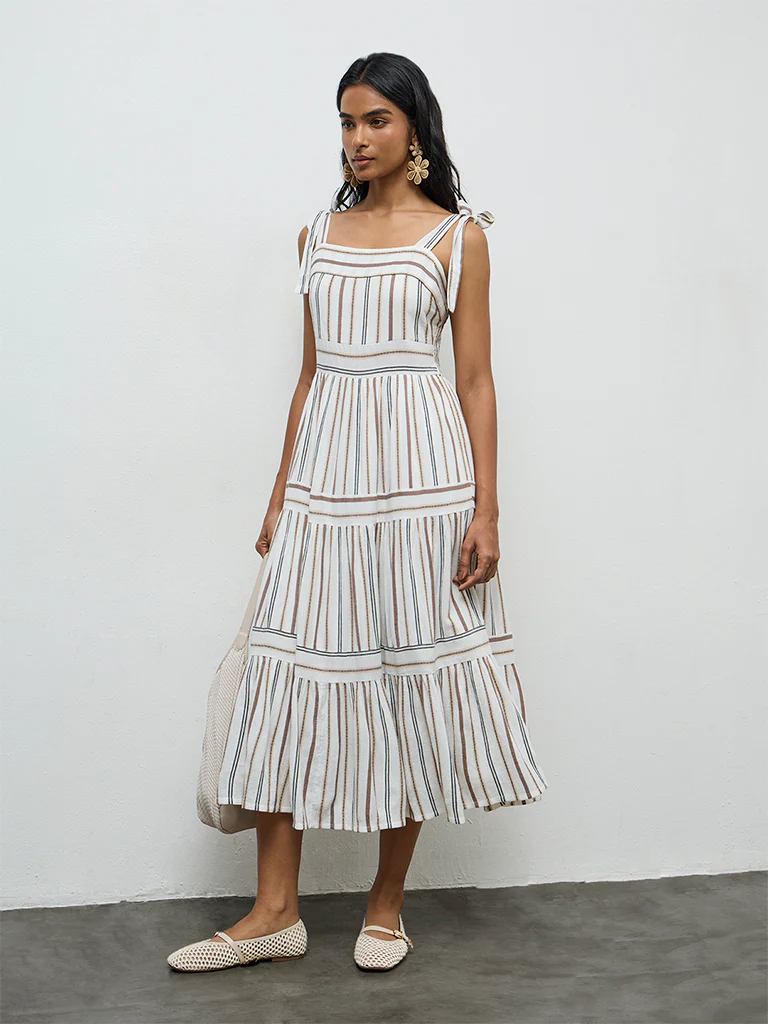LOV Off-White Striped Cotton-Blend Tiered Dress