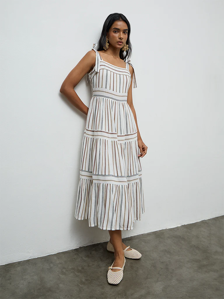 LOV Off-White Striped Cotton-Blend Tiered Dress - Image 2