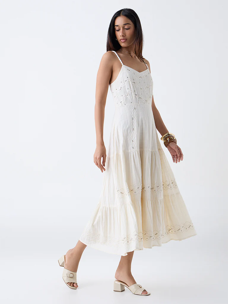 LOV Off-White Stud-Detailed Cotton Tiered Dress - Image 2