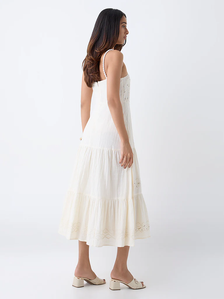 LOV Off-White Stud-Detailed Cotton Tiered Dress - Image 4