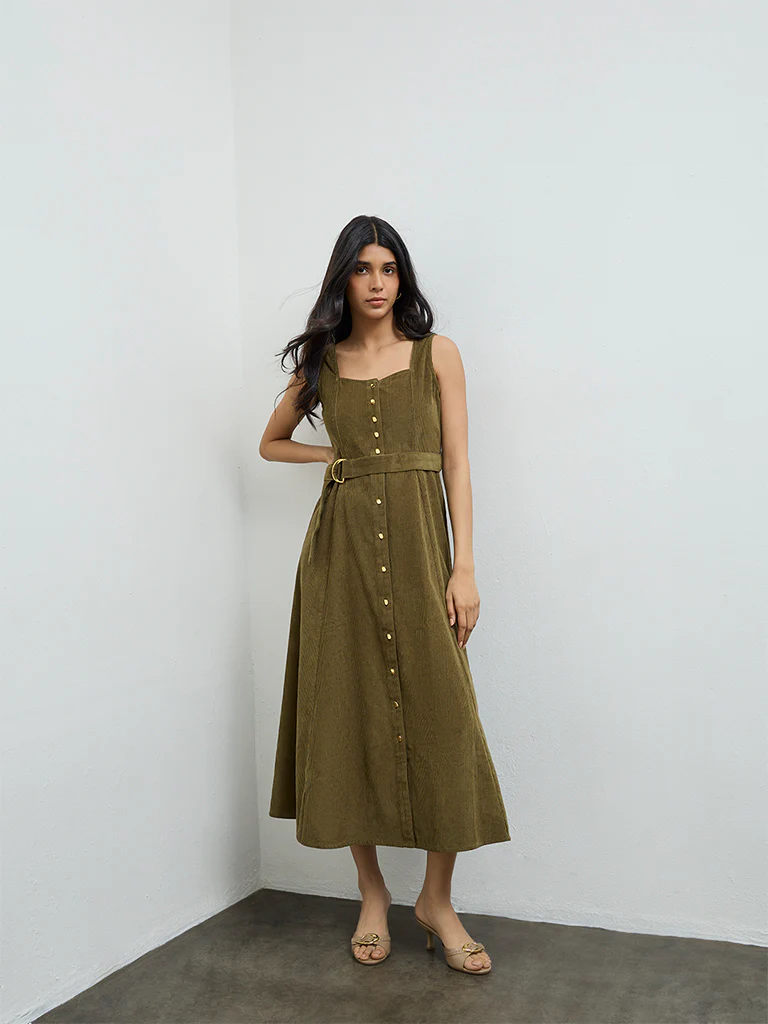 LOV Olive Cotton A-Line Dress