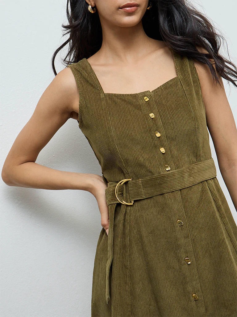 LOV Olive Cotton A-Line Dress - Image 3