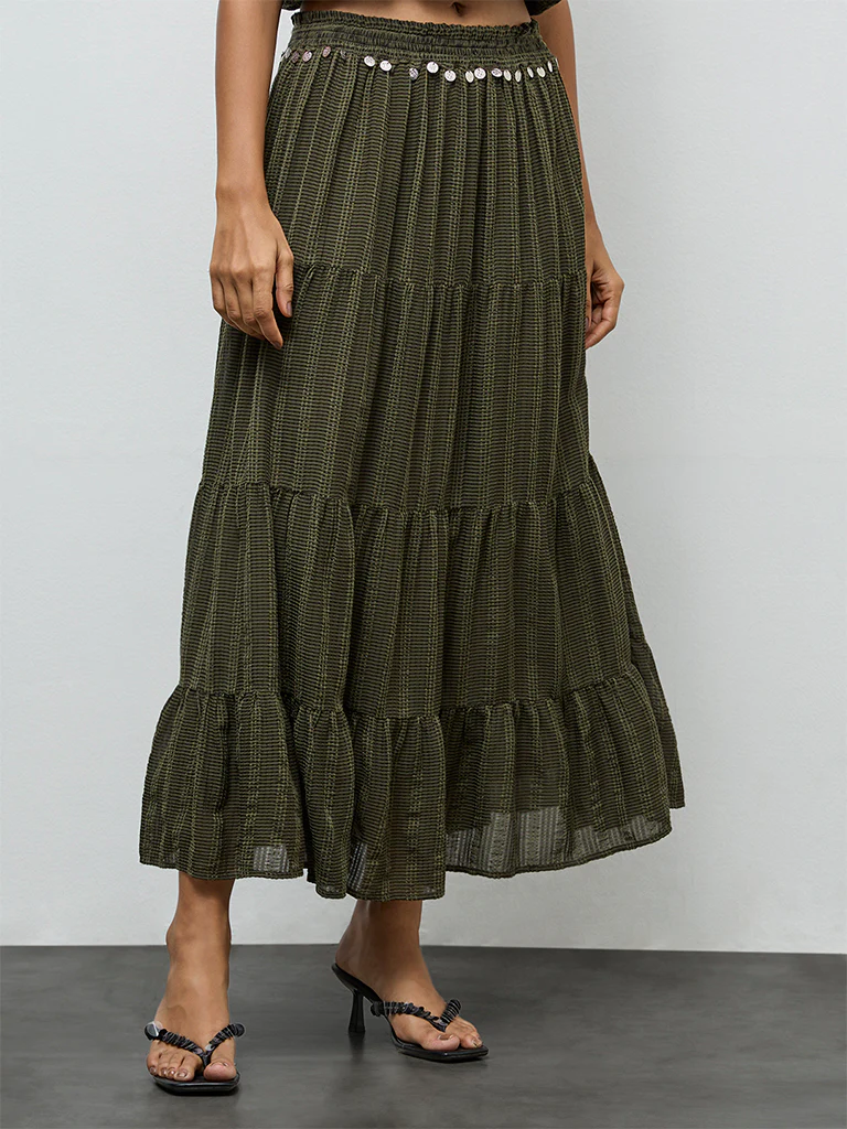 LOV Olive Embellished High-Rise Tiered Skirt - Image 2