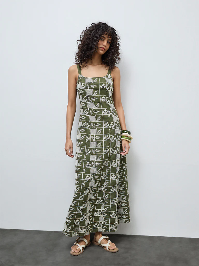 LOV Olive Embroidered A-Line Dress