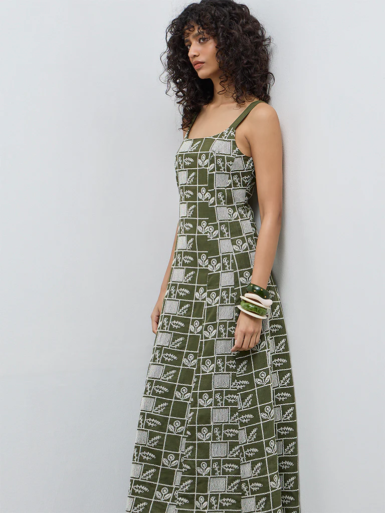 LOV Olive Embroidered A-Line Dress - Image 2