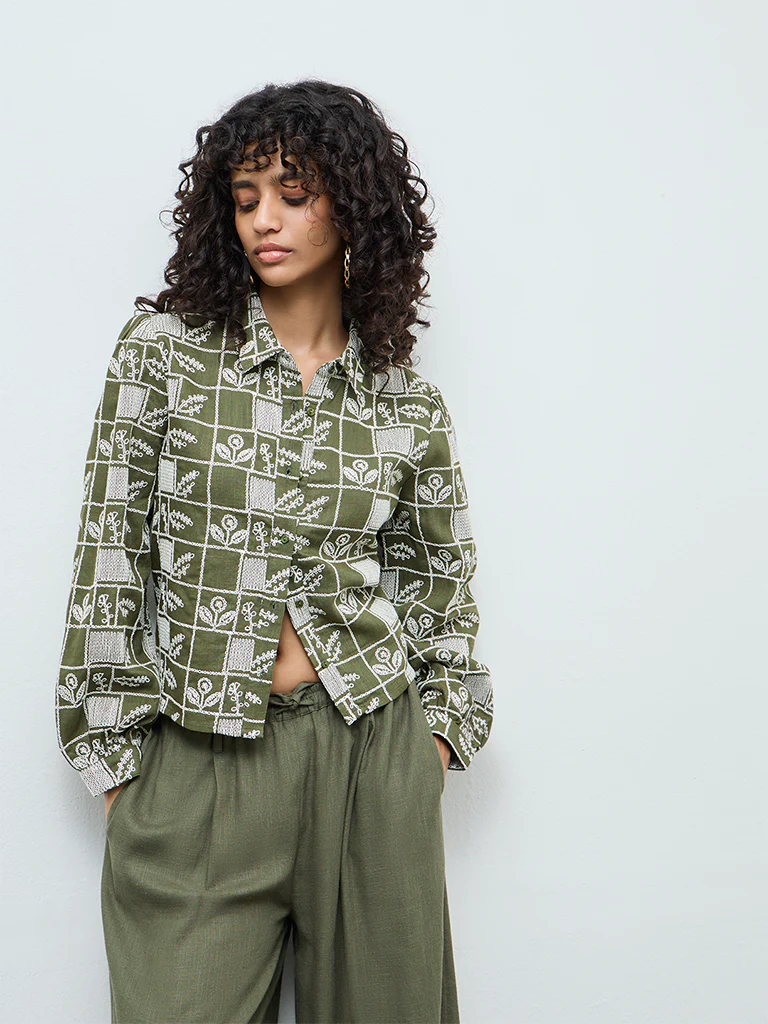 LOV Olive Embroidered Cotton Shirt