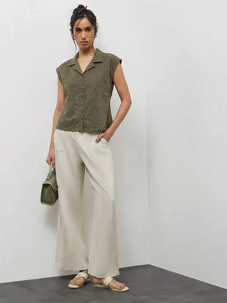 LOV Olive Floral Embroidered Cotton Blouse
