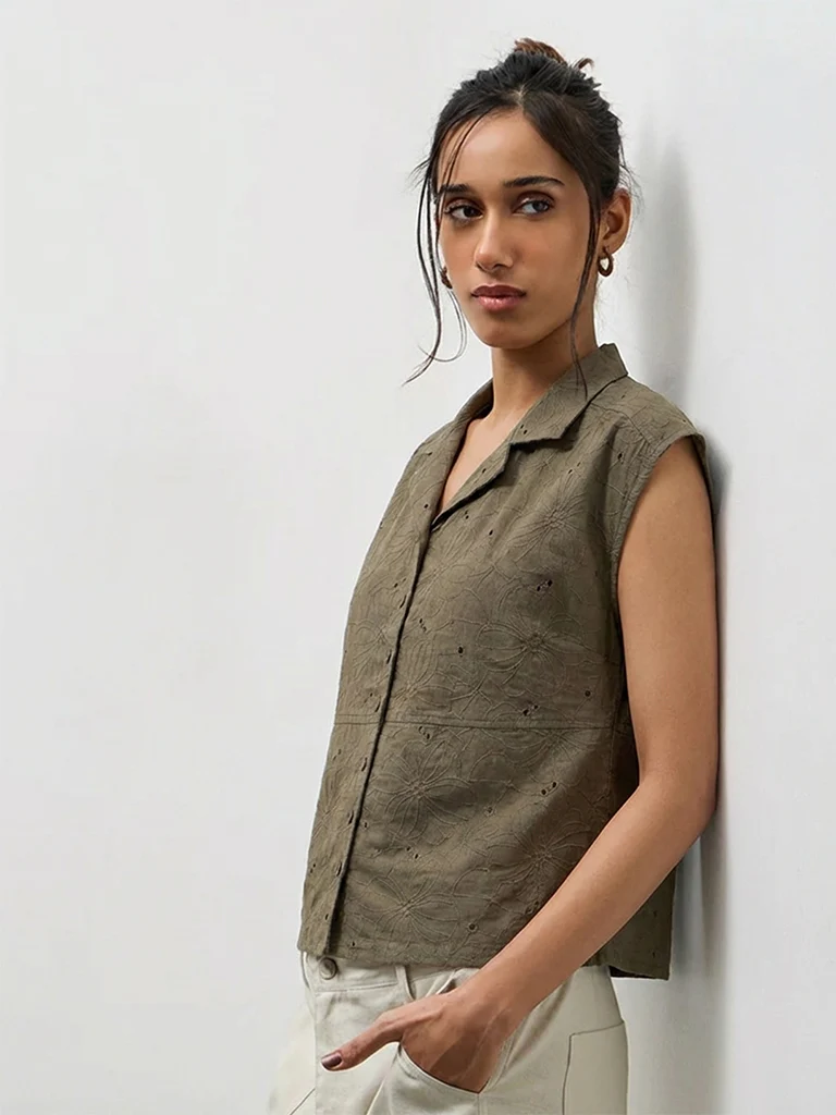 LOV Olive Floral Embroidered Cotton Blouse - Image 2