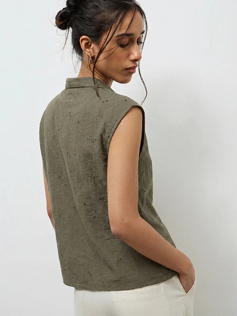 LOV Olive Floral Embroidered Cotton Blouse - Image 3