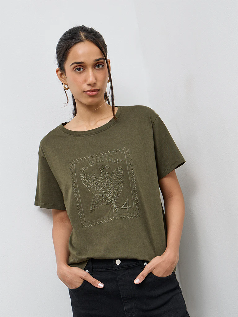 LOV Olive Floral Embroidered Cotton T-Shirt - Image 2