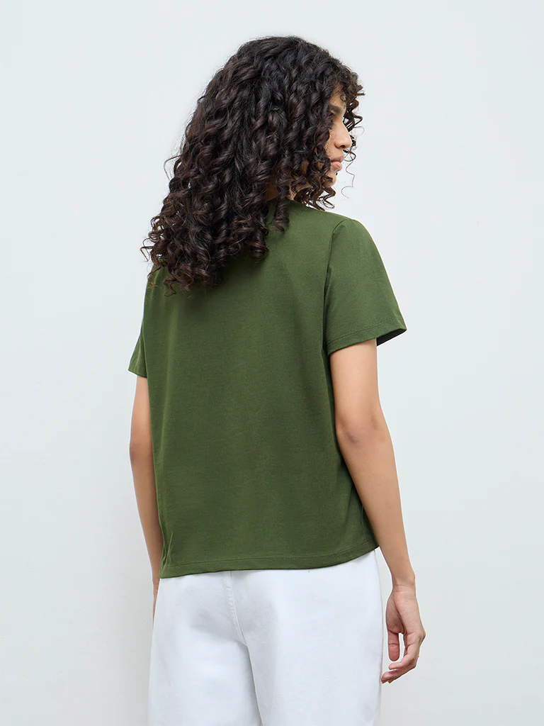 LOV Olive Floral Printed Cotton T-Shirt - Image 4