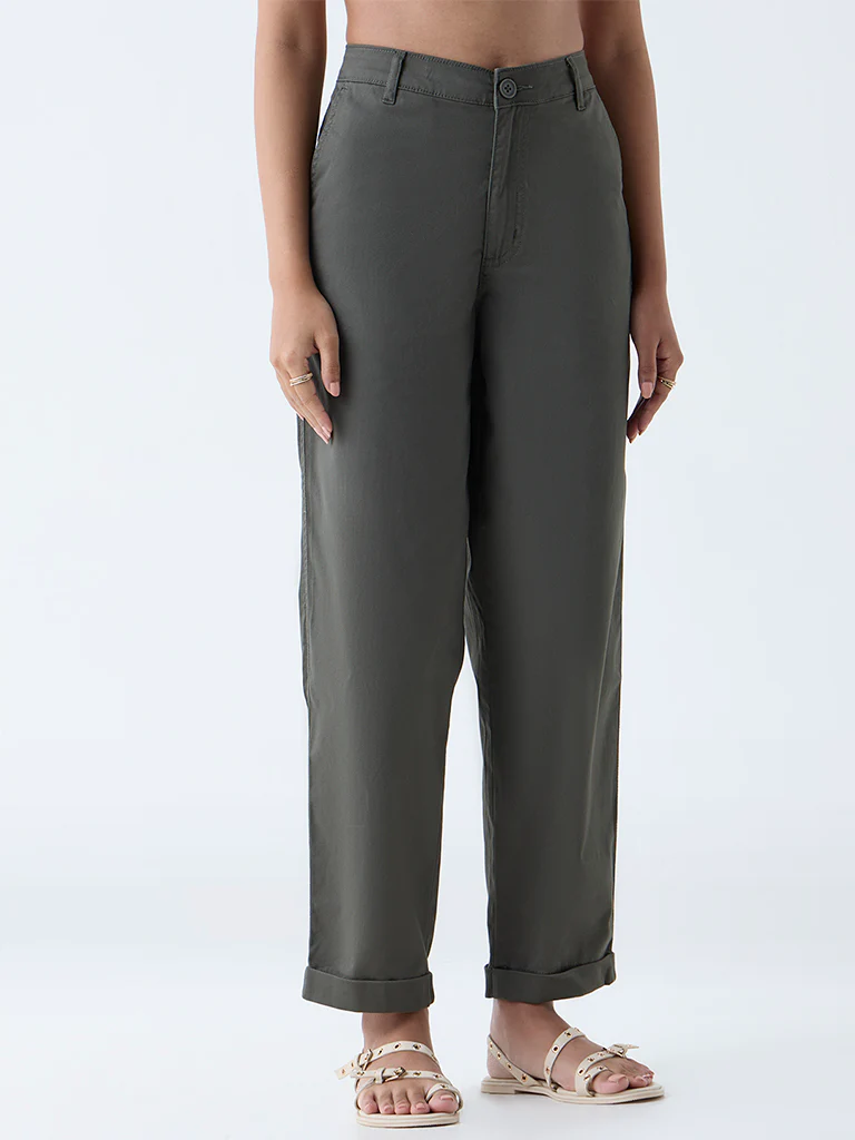 LOV Olive High-Rise Cotton-Blend Trousers - Image 3