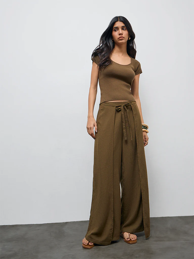 LOV Olive High-Rise Wide-Leg Trousers
