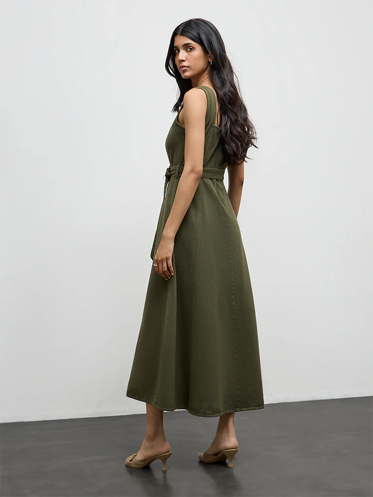 LOV Olive Solid Denim A-Line Dress - Image 4